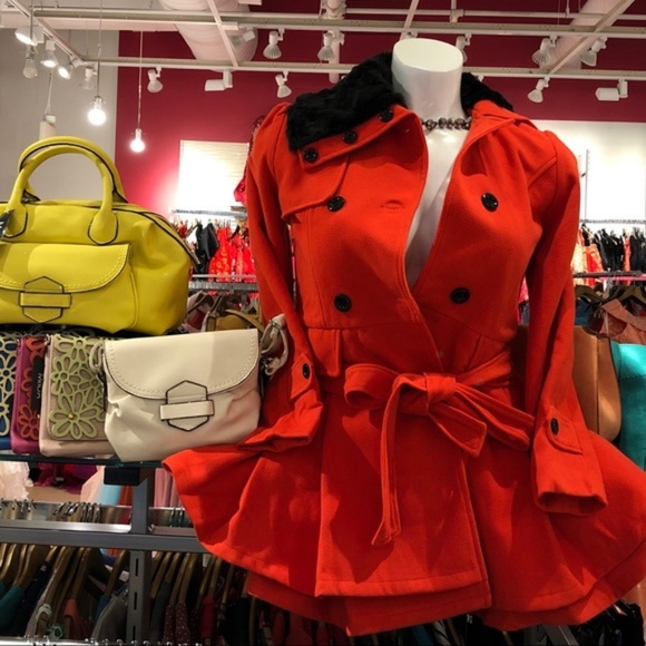 Red & Black Faux Fur Fit & Flare Button Jacket - Picture 5 of 7